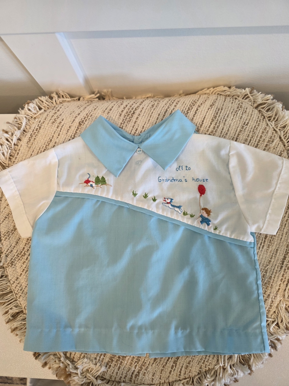 Baby Shirt Vintage Nostalgic Infant 3-6 Month Blue and White Embroidered